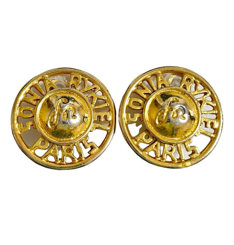 Vintage Sonia Rykiel round golden earrings with logo. Classic design jewelry piece. 0409203
