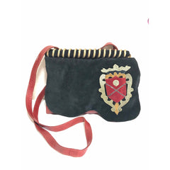Vintage Carlos Falchi black and red leather book design messenger shoulder bag with emblem embroidery. 0602063