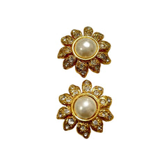 Vintage CHANEL golden sunflower design earrings with crystal stones and faux pearl. Gorgeous but elegant Chanel jewelry. 050813ya