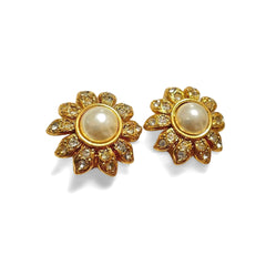 Vintage CHANEL golden sunflower design earrings with crystal stones and faux pearl. Gorgeous but elegant Chanel jewelry. 050813ya