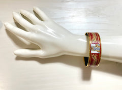 Vintage Hermes cloisonne enamel golden thick bangle, bracelet with cheetah, tiger motifs. Red. Must have beautiful jewelry. 070128ac7