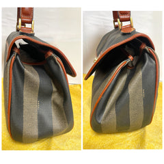 Vintage FENDI pecan stripe large handbag, purse with brown leather trimming and gold tone closure, Fendi classic bag. 070819ac1