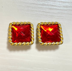 Vintage Celine pyramid cut stud design red gripoix earrings with square golden twisted frames. Gorgeous statement jewelry. 070128ac2