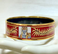 Vintage Hermes cloisonne enamel golden thick bangle, bracelet with cheetah, tiger motifs. Red. Must have beautiful jewelry. 070128ac7