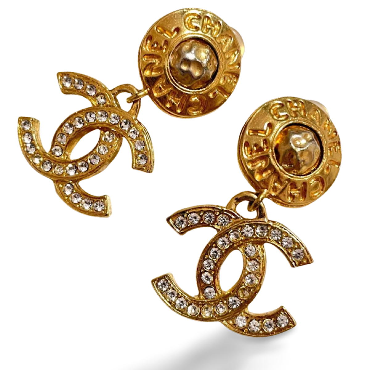 Vintage CHANEL dangle earrings with crystal CC motif and Vintage CHANEL dangle earrings with crystal CC motif and