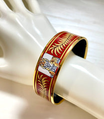 Vintage Hermes cloisonne enamel golden thick bangle, bracelet with cheetah, tiger motifs. Red. Must have beautiful jewelry. 070128ac7