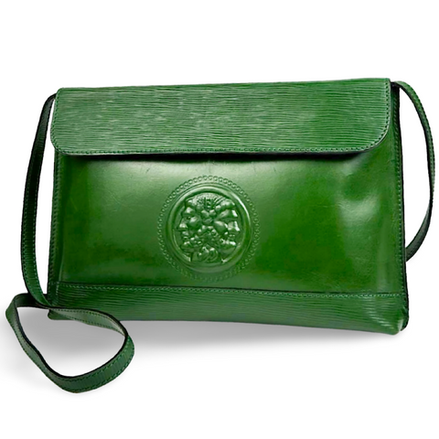 Vintage FENDI green leather shoulder bag, large clutch purse with logo and Jenus motif at front. 070908y1