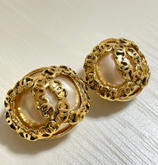 Vintage CHANEL large golden faux pearl CC earrings with mini coco marks.  So hot and gorgeous. 050817ys3