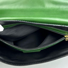 Vintage FENDI green leather shoulder bag, large clutch purse with logo and Jenus motif at front. 070908y1