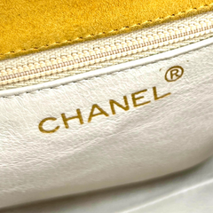 Vintage CHANEL yellow suede leather chain shoulder bag with CC tassel in lunchbox shape. 060910ac1