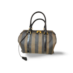 Vintage Fendi black and gray pecan stripe speedy style duffle bag, handbag purse with black leather trimmings. Fendi classic bag. 060824m1