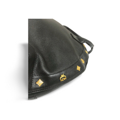 Vintage MCM black grained leather bolide type handbag with golden logo studs. Designed by Michael Cromer. Nature collection. 060620re4