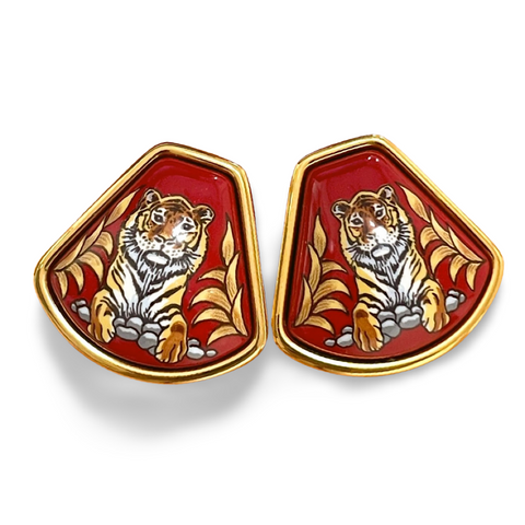 Vintage Hermes cloisonne golden earrings with tiger design in red. Fan shape. Classic jewelry. Great gift idea. 070428m1