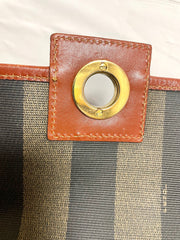 Vintage FENDI pecan stripe large handbag, purse with brown leather trimming and gold tone closure, Fendi classic bag. 070819ac1