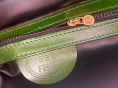 Vintage FENDI green leather shoulder bag, large clutch purse with logo and Jenus motif at front. 070908y1
