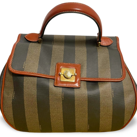 Vintage FENDI pecan stripe large handbag, purse with brown leather trimming and gold tone closure, Fendi classic bag. 070819ac1