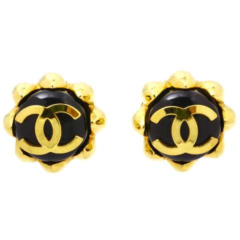 MINT. Vintage CHANEL round black and golden earrings with golden CC mark and crown frame. Bud design jewelry. 060225ac2
