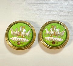 1990s Vintage HERMÈS Cloisonné Round Earrings | Lime Green Little Prince Motif | Prince, Carriage & Stars | Classic Enamel Jewelry. 071121y3