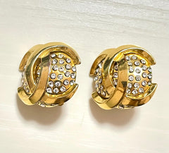 Vintage CHANEL gold tone round earrings with crystal stones and 3D CC mark. 061210ac1