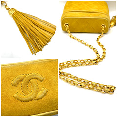 Vintage CHANEL yellow suede leather chain shoulder bag with CC tassel in lunchbox shape. 060910ac1