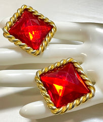 Vintage Celine pyramid cut stud design red gripoix earrings with square golden twisted frames. Gorgeous statement jewelry. 070128ac2