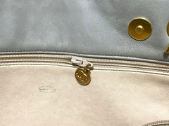 Vintage CHANEL taupe grey canvas and lambskin shoulder tote bag with gold tone chain straps and a CC ball charm. 070125ap1