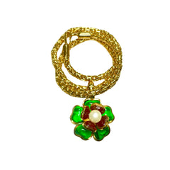 Vintage CHANEL green and red gripoix flower top statement necklace with faux pearl. Gorgeous statement vintage jewelry. 060625ac1