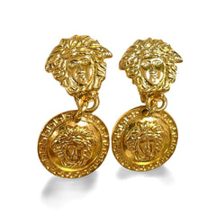 Vintage Gianni Versace gold tone medusa face motif dangle earrings. Must have Lady Gaga style jewelry piece. Great gift. 060715m1