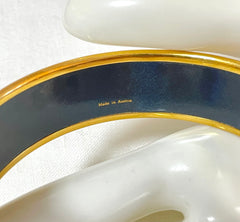 Vintage Hermes blue cloisonne enamel golden thick bangle, bracelet with tiger and leaves design in blue and gold. 070114ac3