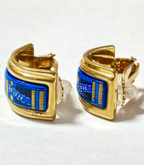 Vintage Hermes cloisonne, enamel golden earrings with blue Hermes ribbon design. 070107ac4