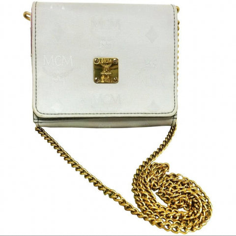 Vintage MCM light grey monogram and purple logo jacquard mini clutch shoulder bag, wallet pouch with chain strap. 070325re1