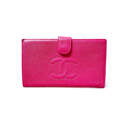 Vintage CHANEL pink caviar leather wallet with a stitched CC logo. Hot sexy color purse. 060715ys2