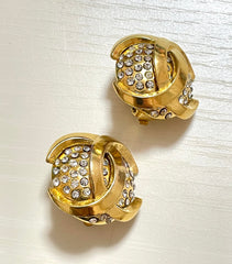 Vintage CHANEL gold tone round earrings with crystal stones and 3D CC mark. 061210ac1