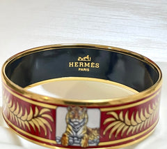 Vintage Hermes cloisonne enamel golden thick bangle, bracelet with cheetah, tiger motifs. Red. Must have beautiful jewelry. 070128ac7