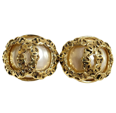 Vintage CHANEL large golden faux pearl CC earrings with mini coco marks.  So hot and gorgeous. 050817ys3