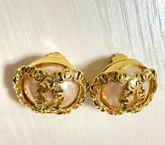 Vintage CHANEL large golden faux pearl CC earrings with mini coco marks.  So hot and gorgeous. 050817ys3