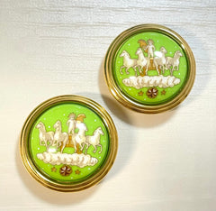 1990s Vintage HERMÈS Cloisonné Round Earrings | Lime Green Little Prince Motif | Prince, Carriage & Stars | Classic Enamel Jewelry. 071121y3