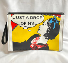 Vintage CHANEL patent enamel clutch bag, wristlet in mademoiselle portrait, Just a drop of Number 5, in black, yellow, and red.  050907rk1