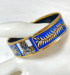 Vintage Hermes blue cloisonne enamel golden thick bangle, bracelet with tiger and leaves design in blue and gold. 070114ac3