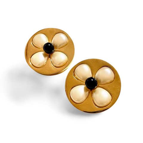 Vintage CHANEL round jumbo earrings with faux pearl petal flower, clover motifs. Very chic and mod jewelry. 061126ac2