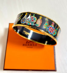 Vintage Hermes cloisonne enamel golden bangle with black and colorful perfume bottle design. Great gift idea. 050510ra3