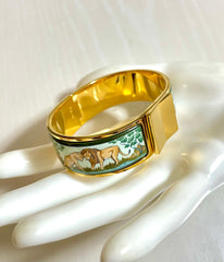 Vintage Hermes cloisonne enamel golden click and clack Flacon bangle with lion couple design. 050510ra2