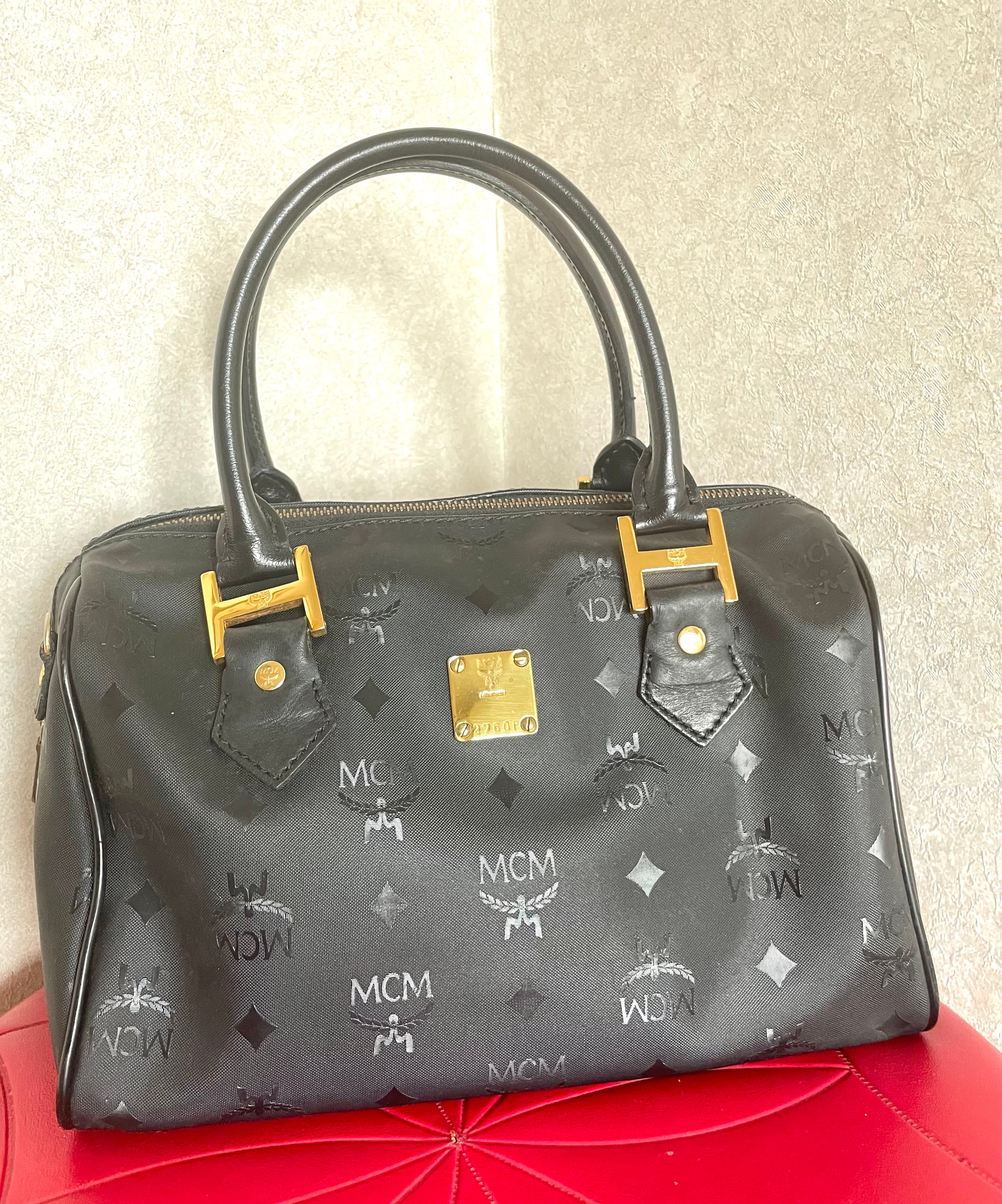 Vintage MCM black monogram speedy bag style handbag, mini duffle