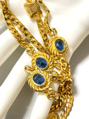 Vintage Celine gold chain long necklace with triomphe charms and blue stones. Can be bracelet. Beautiful statement jewelry. 050817ys1