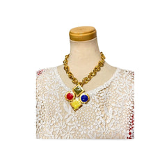 Vintage Celine gold chain necklace with large colorful enamel pendant top. Red, yellow, green, and blue.  Thick chain necklace. 060426ya