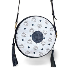 MINT. Vintage MCM navy and white monogram round shape Suzy Wong shoulder bag with leather trimmings. Designed by Michael Cromer. 060309ya