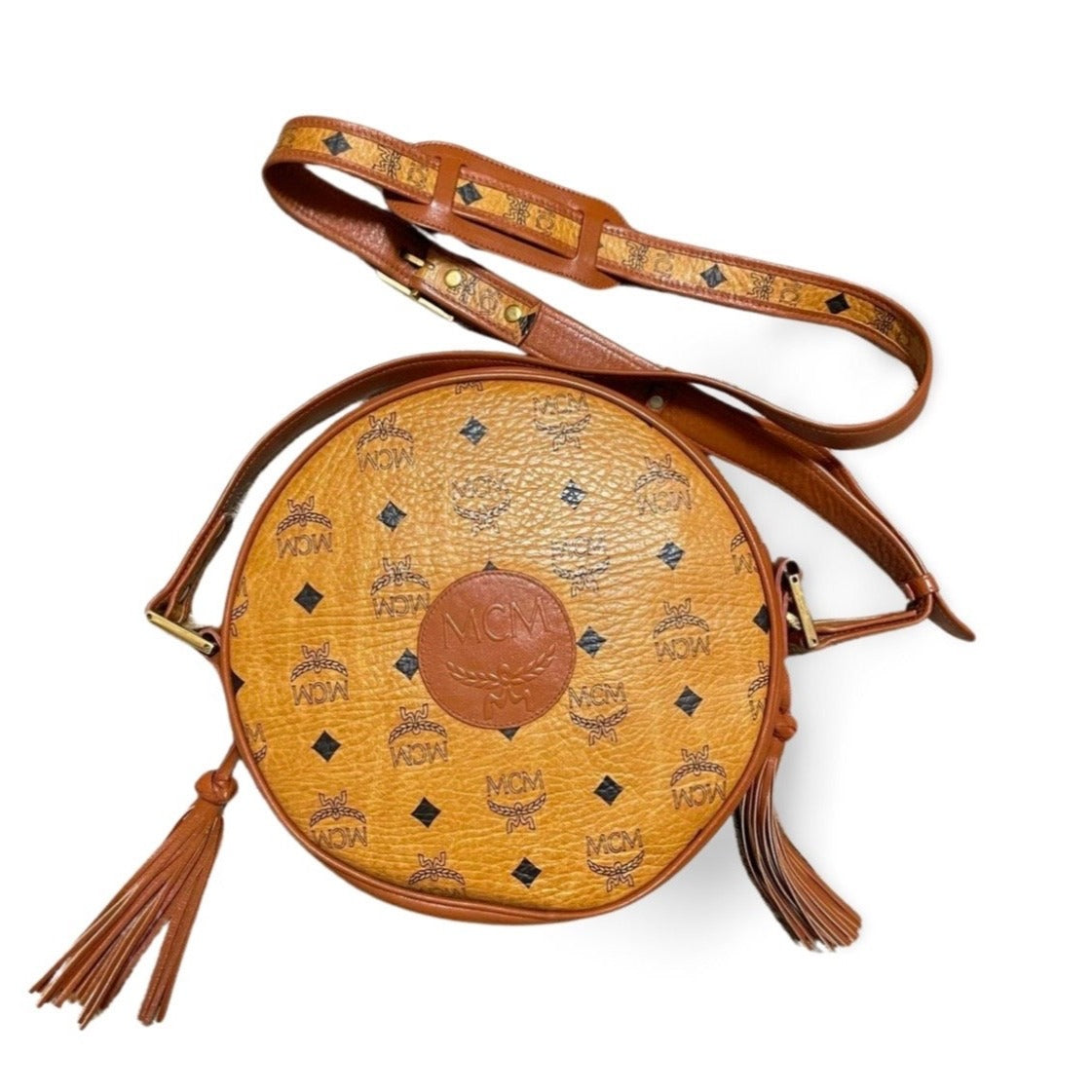 Vintage MCM brown monogram round shape Suzy Wong shoulder bag with leather trimmings. Designed by Michael Cromer. 06521ac2