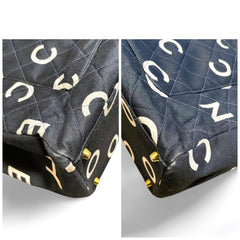 Vintage CHANEL black fabric canvas large tote bag with white Chanel CC logo print all over. Daily use bag. 060123ac13