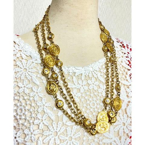 Vintage CHANEL chain and crystal glass necklace with medal CC mark charms. Can wear in double and triple. 0411211