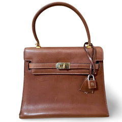 80's vintage BALLY brown boxcalf leather kelly bag with gold tone hardware closure. Classic masterpiece handbag. 060118ya